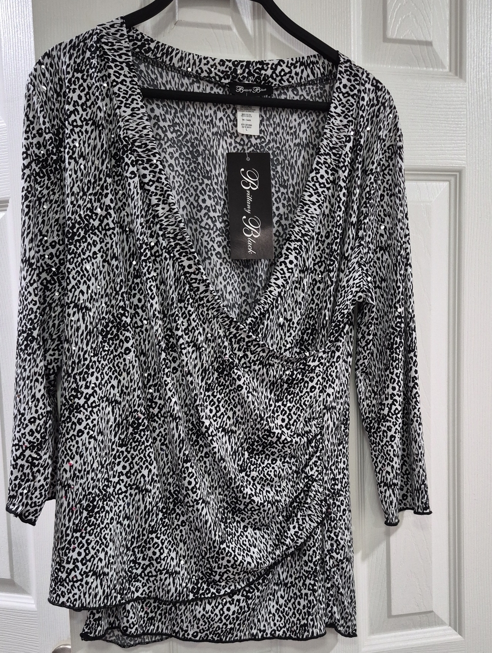 Brittany Black Black and White Leopard-Print Surplice Long Sleeve Top
